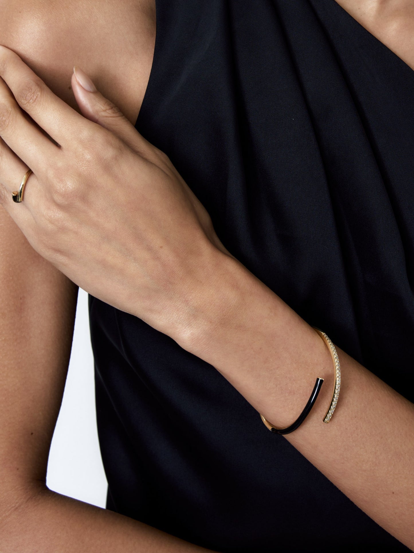 Enamel black open bracelet w/stones