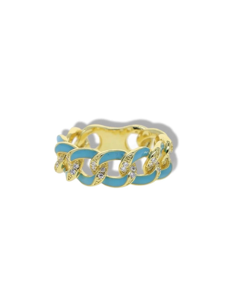 Chain aquamarine ring w/stones.