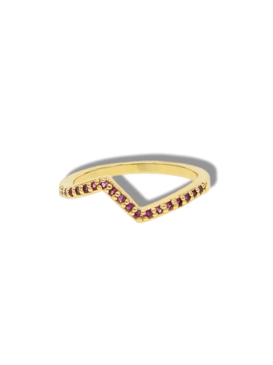 V ring with red stones.