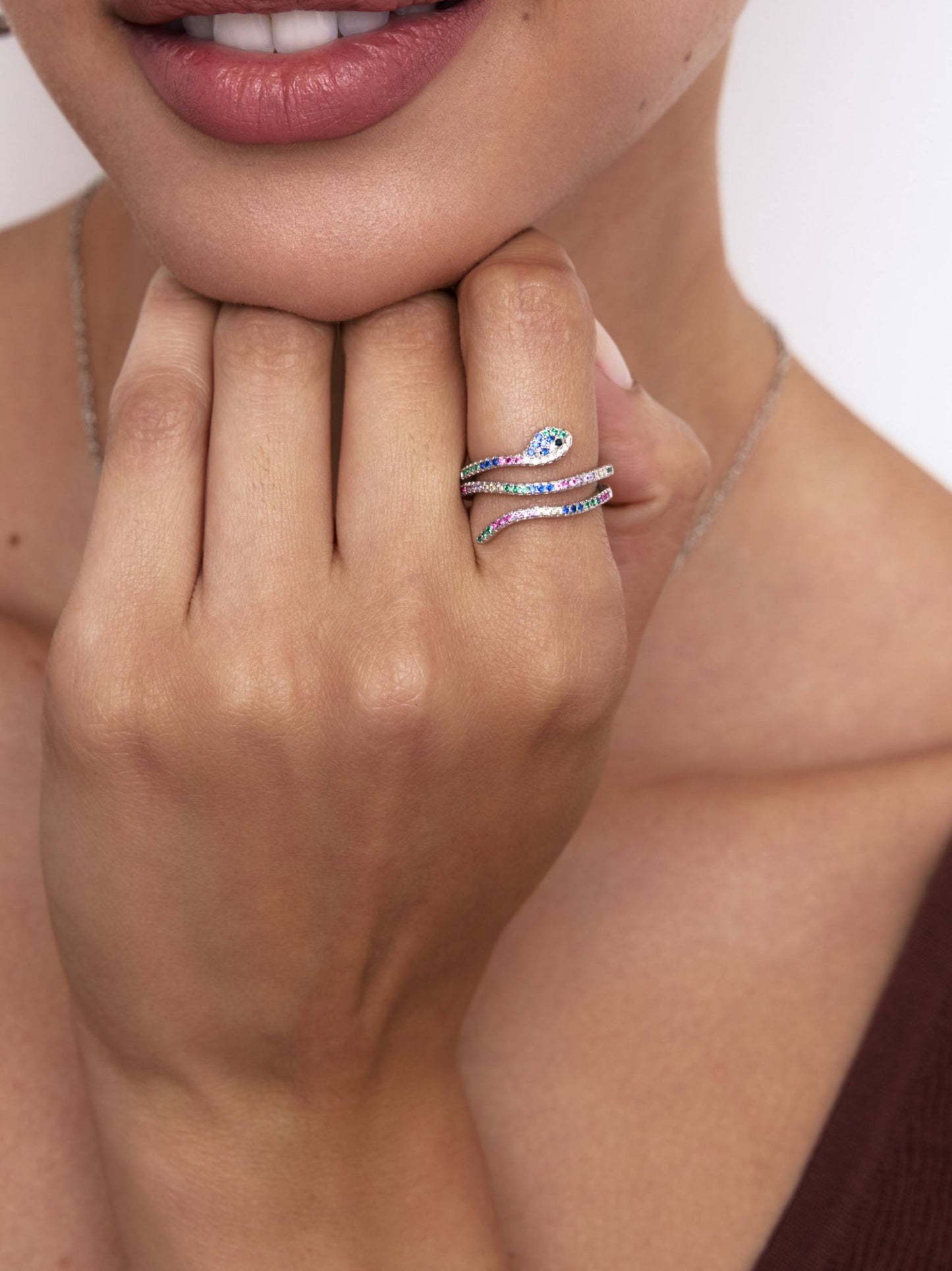 Ring snake w/colorful stones silver