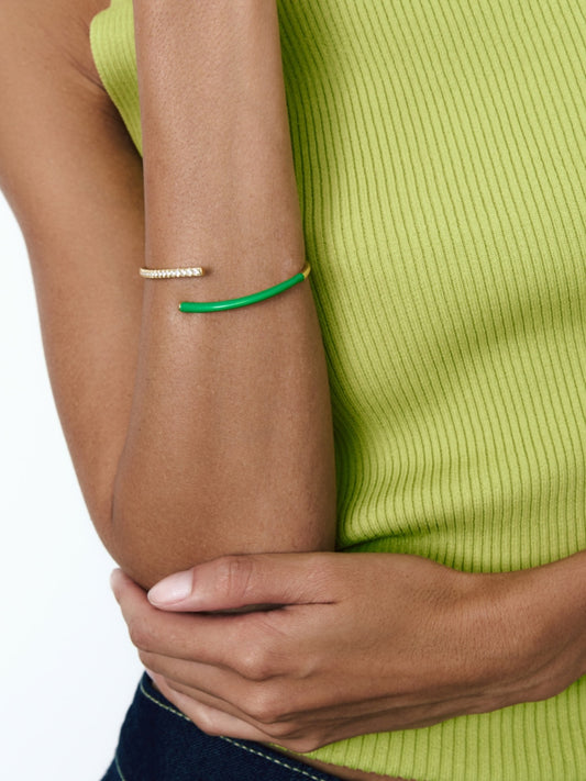 Enamel green open bracelet w/stones