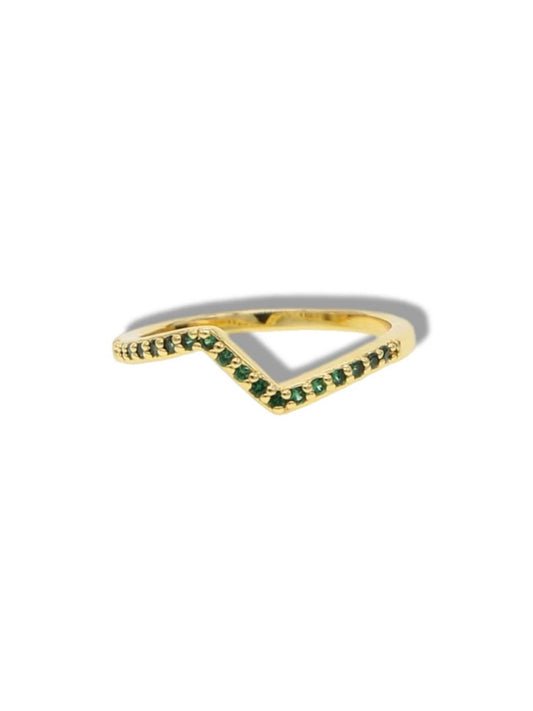 V ring with green stones.