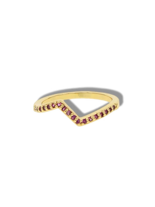 V ring with red stones.