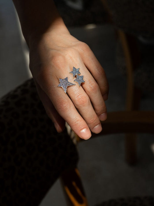 Ring adjustable w/3 stars w/stones blue